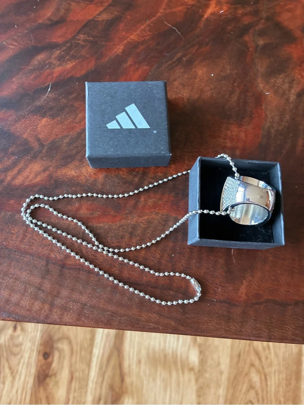 adidas Silver Tone Crystal Logo Ring with White Enamel Accents